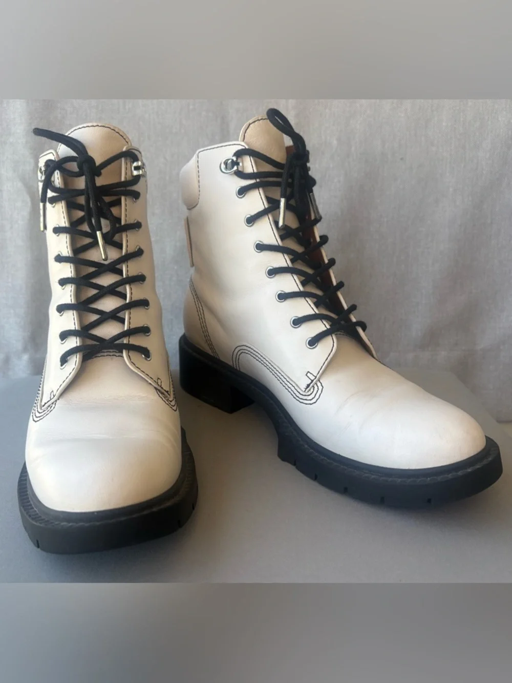 Coach White Leather Combat Boots with Black Laces - Picture 1 of 16